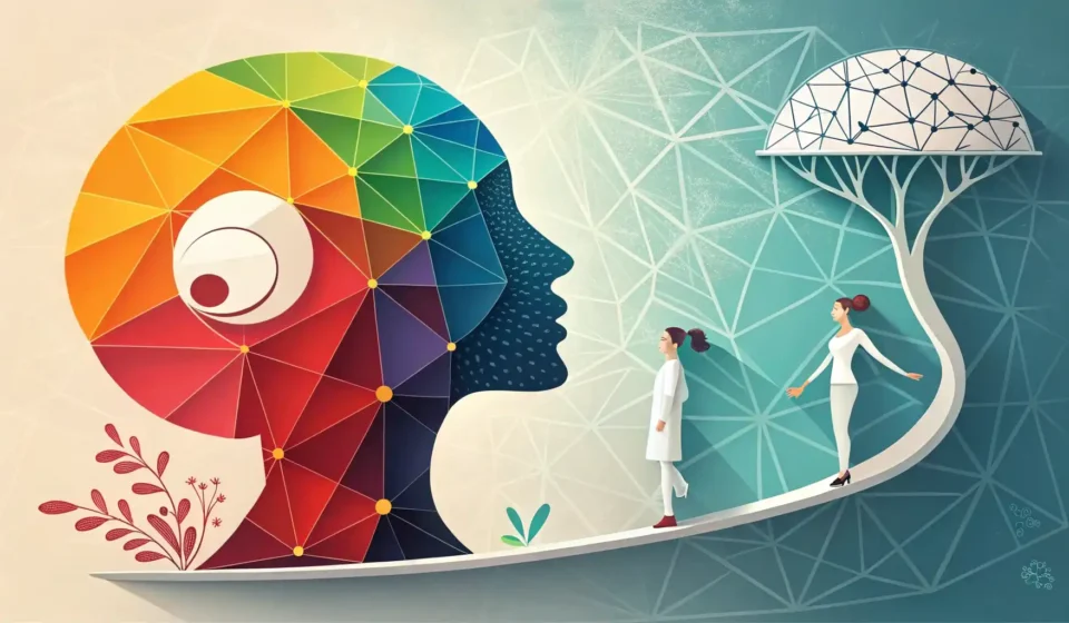 다양한 감정을 나타내는 다채로운 추상 도형과 영어 말하기를 상징하는 말풍선 아이콘이 분할되어 배치된 이미지.