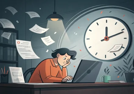 시간에 쫓겨 마감일을 맞추려 일하는 사람과 큰 시계를 보여주는 영어 표현 학습용 이미지