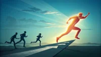 영어 표현 'Be ahead of'처럼 학습이나 경쟁에서 앞서 나가는 모습을 상징적으로 표현한 이미지.