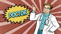 팝아트 스타일로 그린 의사가 'Just what the doctor ordered!' 영어 표현이 적힌 말풍선 옆에서 엄지척하는 이미지.