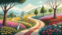 'End up' 영어 표현처럼 예상치 못한 결과나 종착점을 상징하는 갈림길과 아이콘 그림.