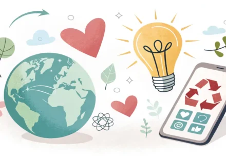 다양한 디지털 아이콘과 상징적인 아이콘(별 모양)이 배열되어 있고 옆에 전구 그래픽이 있는 이미지, 영어 단어 'Icon'의 다양한 의미 학습을 표현.