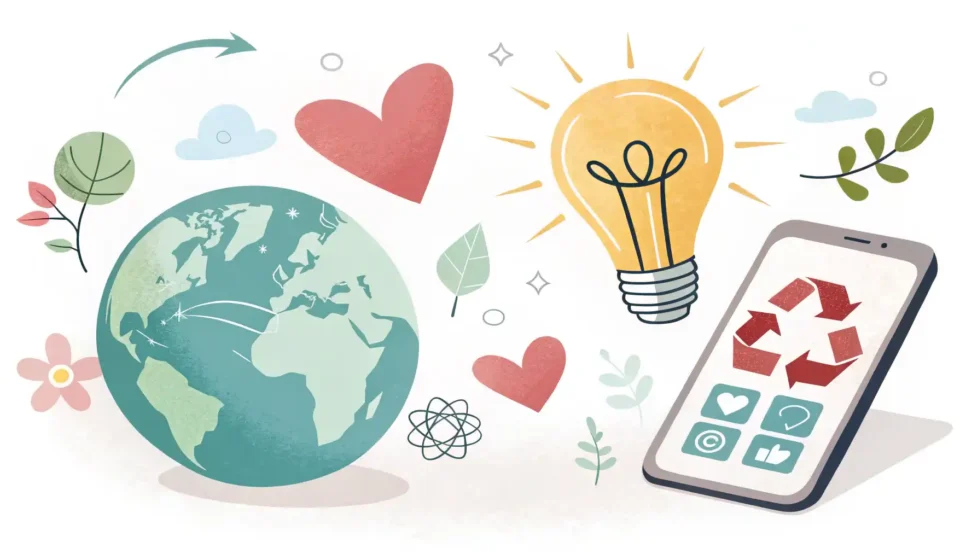 다양한 디지털 아이콘과 상징적인 아이콘(별 모양)이 배열되어 있고 옆에 전구 그래픽이 있는 이미지, 영어 단어 'Icon'의 다양한 의미 학습을 표현.