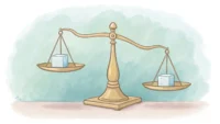 영어 표현 'More than'의 의미를 시각적으로 보여주는 저울 수채화 그림.