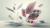 일부 카드가 빠져 불완전한 카드 덱이 떠 있는 그림, 영어 관용구 'not playing with a full deck'의 의미를 시각적으로 표현