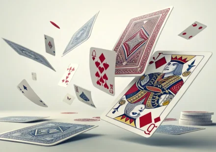 일부 카드가 빠져 불완전한 카드 덱이 떠 있는 그림, 영어 관용구 'not playing with a full deck'의 의미를 시각적으로 표현