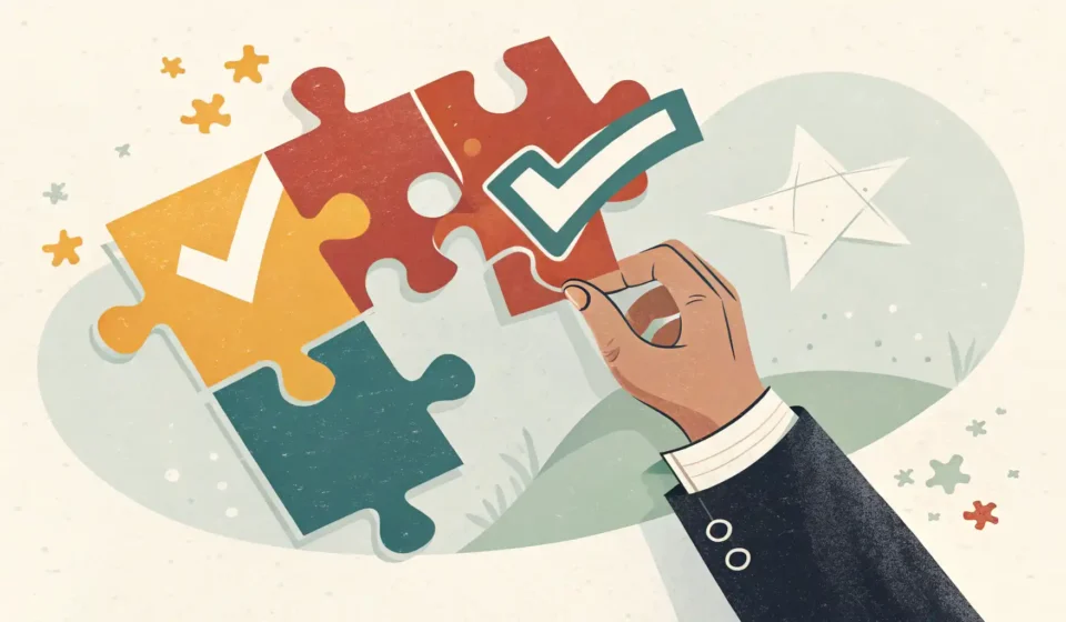 영어 표현 'once and for all'의 최종적이고 확실한 의미를 완성된 퍼즐 이미지로 표현한 썸네일