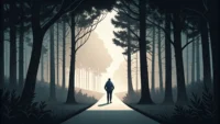 어두운 숲길을 지나 밝은 곳으로 나와 어려움에서 벗어남을 상징적으로 보여주는 'out of the woods' 영어 표현 학습 이미지