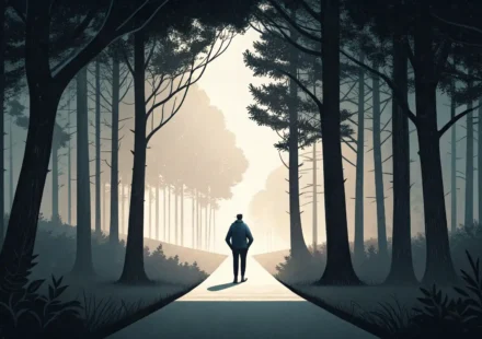 어두운 숲길을 지나 밝은 곳으로 나와 어려움에서 벗어남을 상징적으로 보여주는 'out of the woods' 영어 표현 학습 이미지
