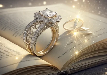 영어 단어 'ring' 학습을 상징하는 반짝이는 반지와 영어 사전 이미지