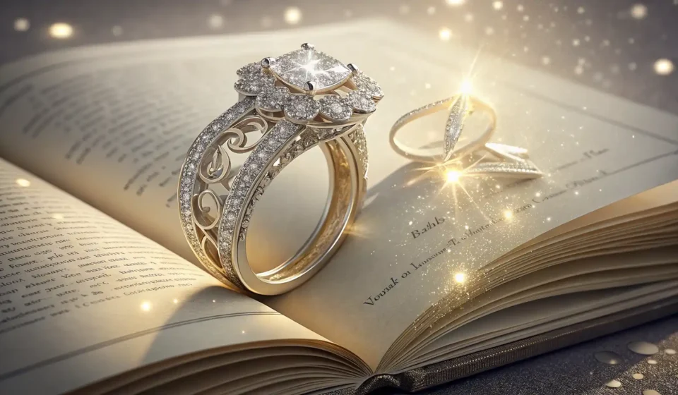 영어 단어 'ring' 학습을 상징하는 반짝이는 반지와 영어 사전 이미지