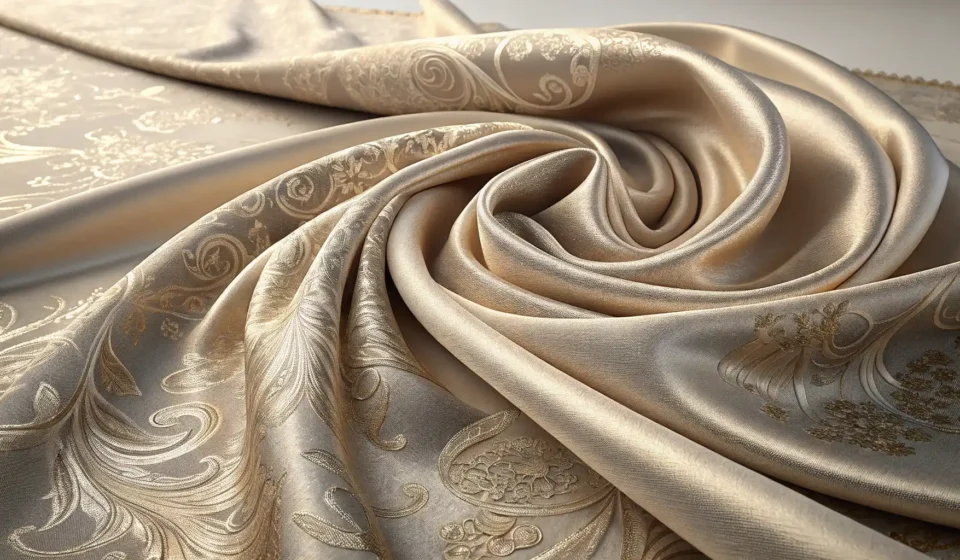 고급스러운 실크 원단 질감과 영어 학습을 상징하는 아이콘이 함께 있는 이미지