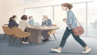 회의나 토론 상황에서 한 걸음 뒤로 물러나 다른 사람을 지켜보는 인물의 일러스트, 영어 표현 'take a back seat'의 의미를 시각적으로 상징함.
