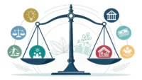 영어 표현 'Taking everything into account'처럼 다양한 요소를 저울에 놓고 고려하는 모습을 상징하는 이미지