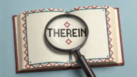 픽셀 아트 스타일, 영어 단어 therein의 의미를 설명하는 책과 돋보기 일러스트