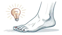 발가락 부분을 강조한 발 그림과 배움을 상징하는 전구 아이콘 이미지