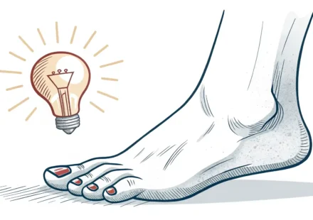 발가락 부분을 강조한 발 그림과 배움을 상징하는 전구 아이콘 이미지