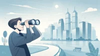영어로 목적을 표현하는 'with a view to' 구문 학습을 상징하는, 쌍안경으로 먼 목표 지점을 바라보는 사람 일러스트