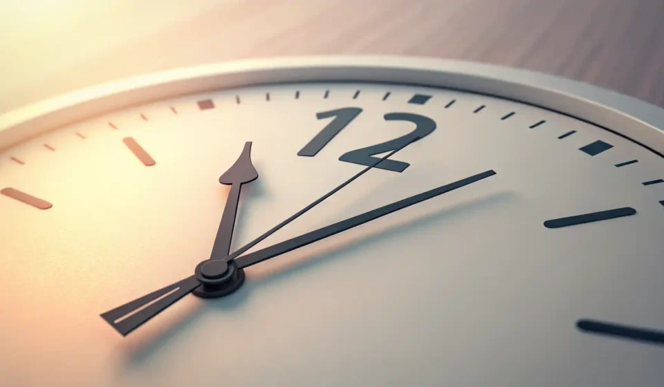 시계와 말풍선 아이콘으로 영어의 'about'과 'around'를 사용한 시간 대략 표현의 차이를 시각적으로 나타낸 이미지