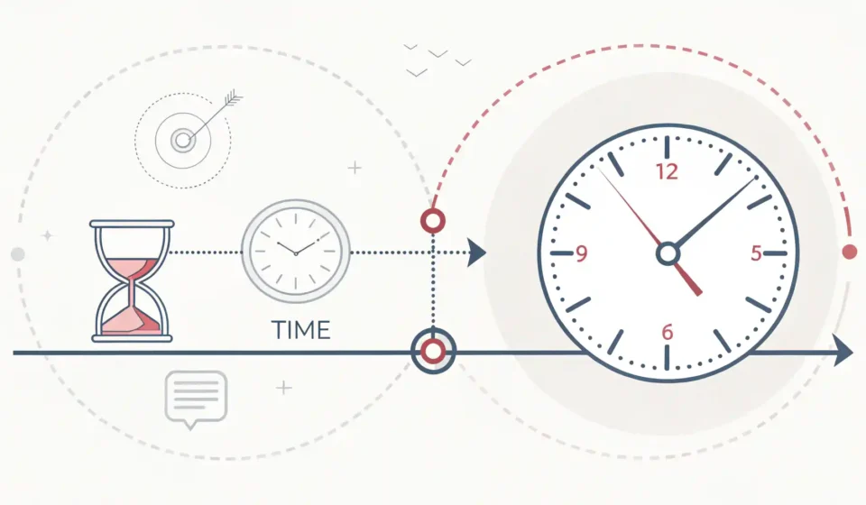 시간의 흐름과 지속성을 나타내는 두 개의 타임라인 비교 이미지, 영어 표현 'all along'과 'the whole time'의 뉘앙스 차이 시각화