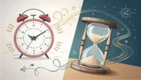 'At any time'과 'Whenever'의 시간 개념 차이를 상징하는 분할된 시계 이미지 (Split clock image symbolizing the difference i...
