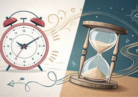 'At any time'과 'Whenever'의 시간 개념 차이를 상징하는 분할된 시계 이미지 (Split clock image symbolizing the difference i...