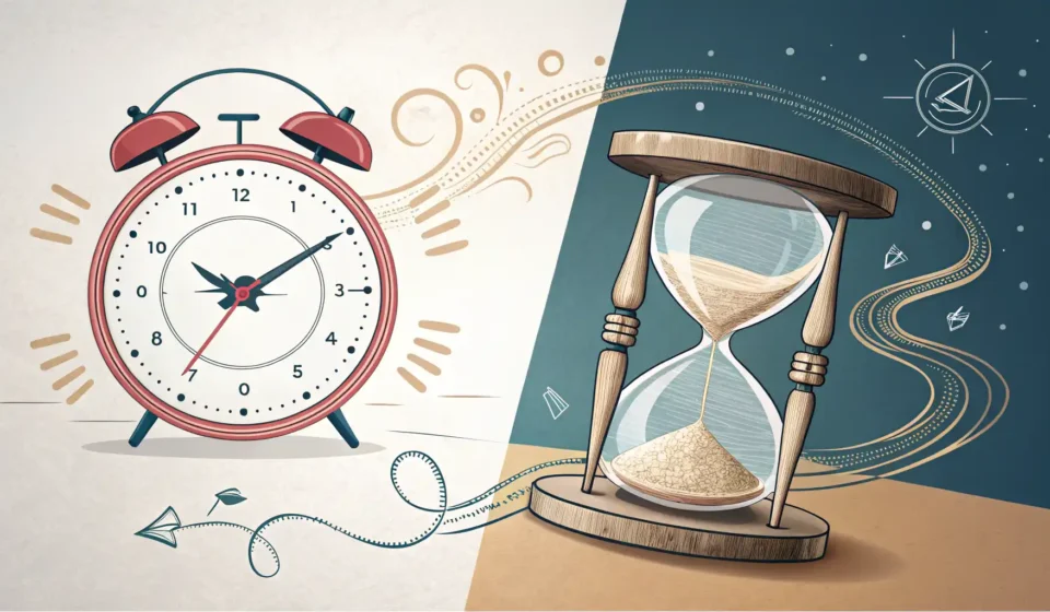 'At any time'과 'Whenever'의 시간 개념 차이를 상징하는 분할된 시계 이미지 (Split clock image symbolizing the difference i...