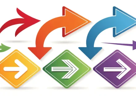 다양한 방향을 가리키는 화살표 아이콘들과 영어 학습 및 이해를 상징하는 밝은 전구 아이콘 이미지