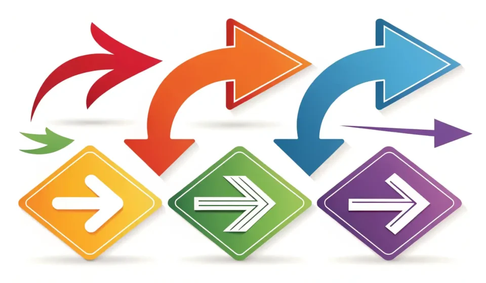 다양한 방향을 가리키는 화살표 아이콘들과 영어 학습 및 이해를 상징하는 밝은 전구 아이콘 이미지