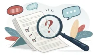 책임 소재를 묻는 영어 표현 학습: 돋보기, 물음표, 'Who is responsible?' 영어 문구가 보이는 일러스트