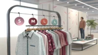 옷가게 옷걸이에 걸린 다양한 사이즈(S, M, L)의 셔츠들과 "What size is this?"라고 적힌 영어 말풍선 이미지, 영어로 크기 묻는 표현 학습 콘텐츠임을 나타냄.