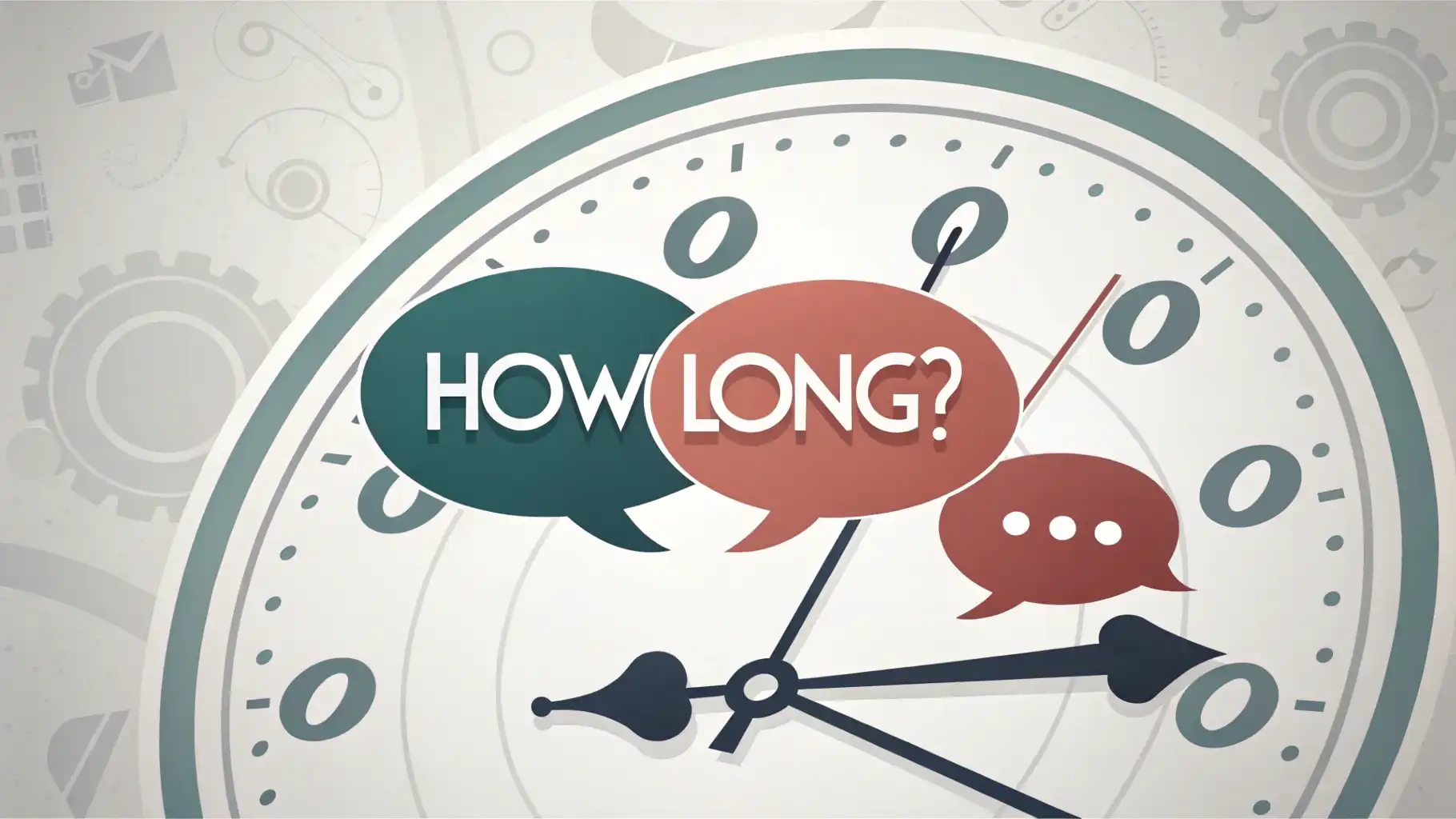 시계와 영어 질문 "How long...?" 말풍선이 어우러진 그래픽 이미지, 영어로 시간 묻는 표현 학습을 나타냄.