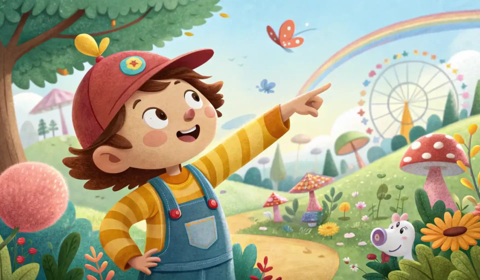 등 관련 영어 표현 학습: 사람이 등을 가리키고 옆에는 영어 학습을 상징하는 아이콘과 책이 있는 일러스트