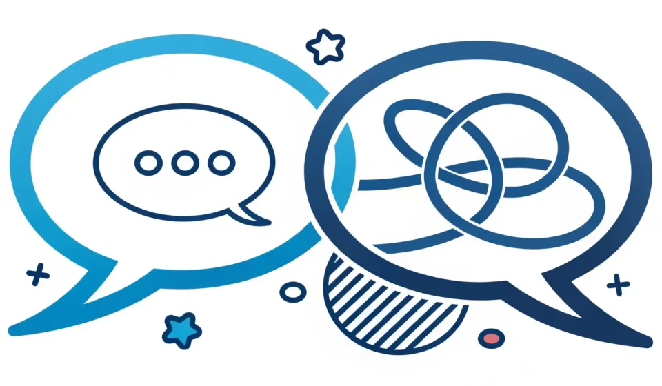 영어로 이유를 설명하는 'Because'와 'For'의 차이를 시각적으로 나타내는 두 개의 연결된 말풍선 아이콘.