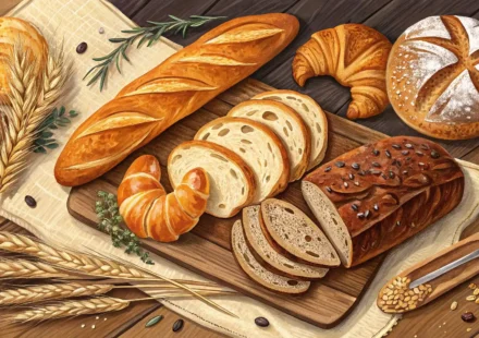 다양한 종류의 빵과 영어 공부 노트를 함께 보여주며 빵 관련 영어 표현 학습을 나타내는 이미지