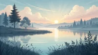평화로운 호숫가 풍경 위로 'Calm', 'Quiet', 'Peace' 등 고요함을 뜻하는 영어 단어들이 떠 있는 영어 학습 썸네일 이미지.