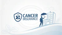 암보험 관련 필수 영어 표현 배우기: 'Cancer Insurance' 문구가 적힌 보험 서류와 영어 학습 아이콘(말풍선, 돋보기)이 있는 교육적 이미지.