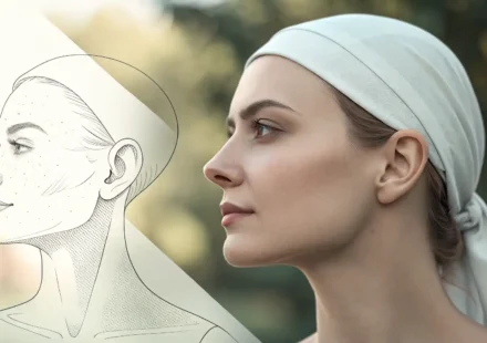 뺨 그림과 영어 학습 관련 아이콘이 함께 있는 이미지