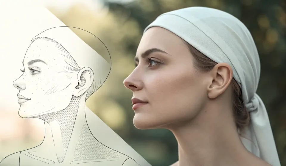 뺨 그림과 영어 학습 관련 아이콘이 함께 있는 이미지