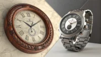 벽시계(Clock)와 손목시계(Watch)의 차이점을 시각적으로 보여주며 영어 표현 학습을 나타내는 이미지