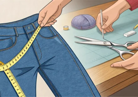 청바지와 스커트 밑단을 수선하는 모습과 관련된 영어 표현 학습을 나타내는 이미지