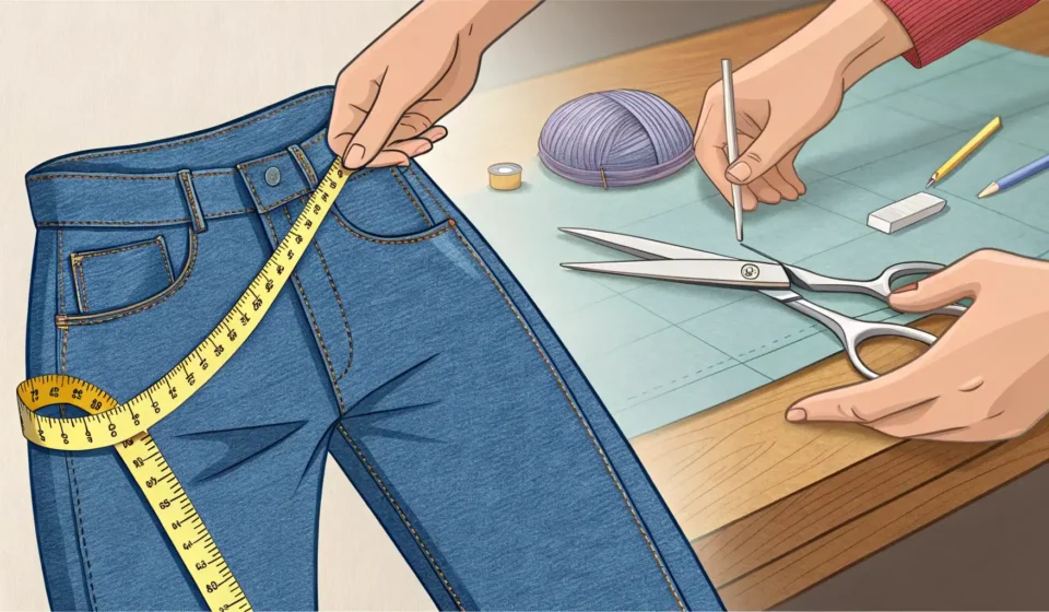 청바지와 스커트 밑단을 수선하는 모습과 관련된 영어 표현 학습을 나타내는 이미지