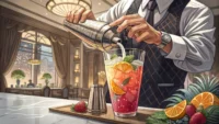호텔 칵테일 워크숍 참가 관련 영어 문의 표현을 배우는 콘텐츠: 칵테일 셰이커와 영어 대화 아이콘 이미지