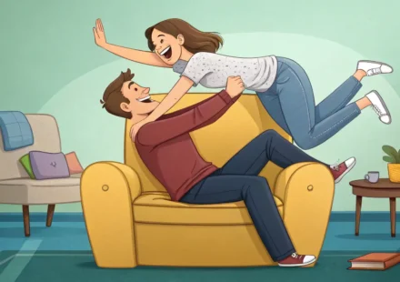 집 거실에서 편안해 보이는 안락의자 하나를 두고 장난스럽게 다투는 남녀 커플 그림.