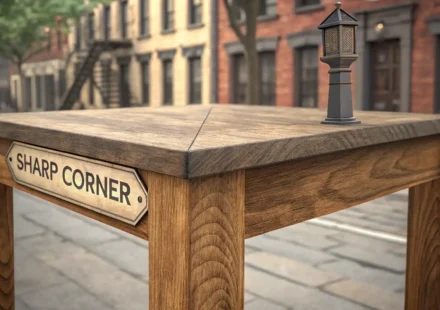 테이블 모서리 또는 길모퉁이 표지판과 영어 학습을 상징하는 아이콘(말풍선, 전구)이 함께 있는 이미지, '모서리' 관련 영어 표현 학습 콘텐츠임을 시사함.