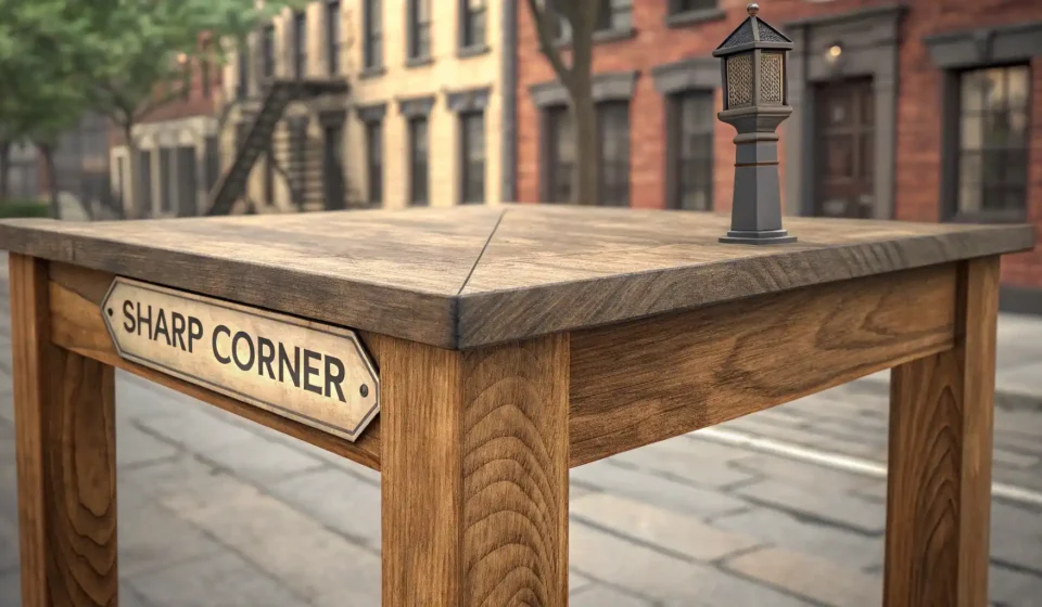 테이블 모서리 또는 길모퉁이 표지판과 영어 학습을 상징하는 아이콘(말풍선, 전구)이 함께 있는 이미지, '모서리' 관련 영어 표현 학습 콘텐츠임을 시사함.