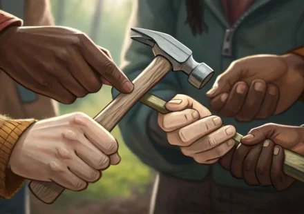 밝은 공예 작업실에서 손으로 공예 도구를 자세히 살펴보고 있는 모습 클로즈업.