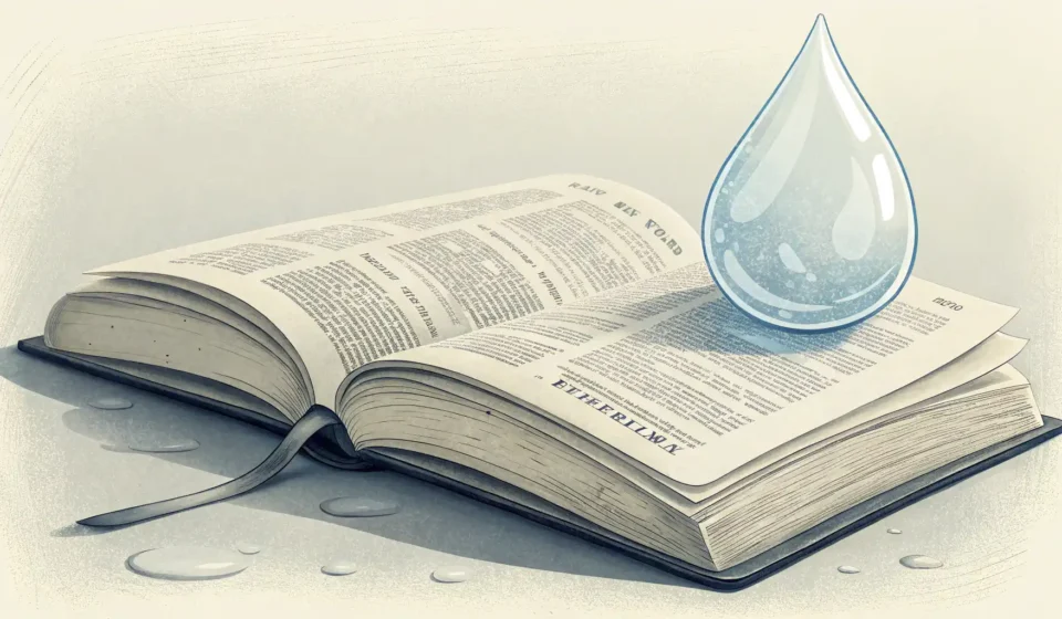 눈물 방울이 영어 학습 노트 위에 떨어지는 모습, '울다' 관련 영어 표현 배우기 콘셉트 이미지