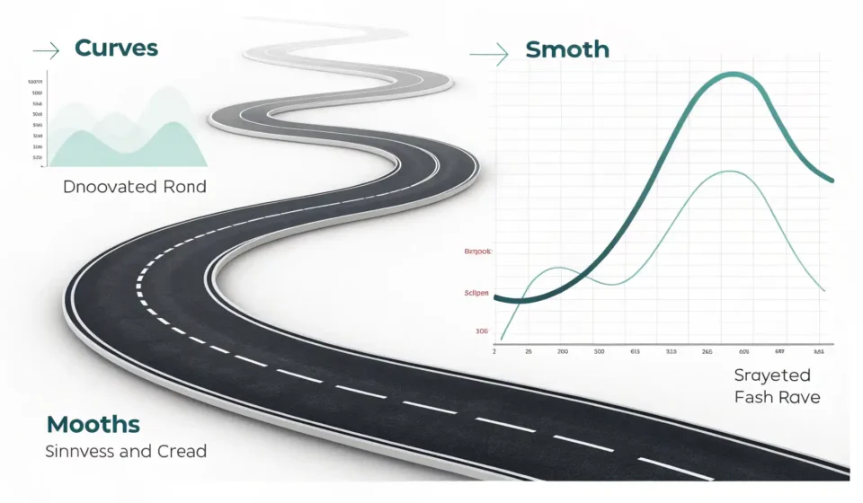 다양한 종류의 곡선 이미지와 영어 학습을 상징하는 아이콘