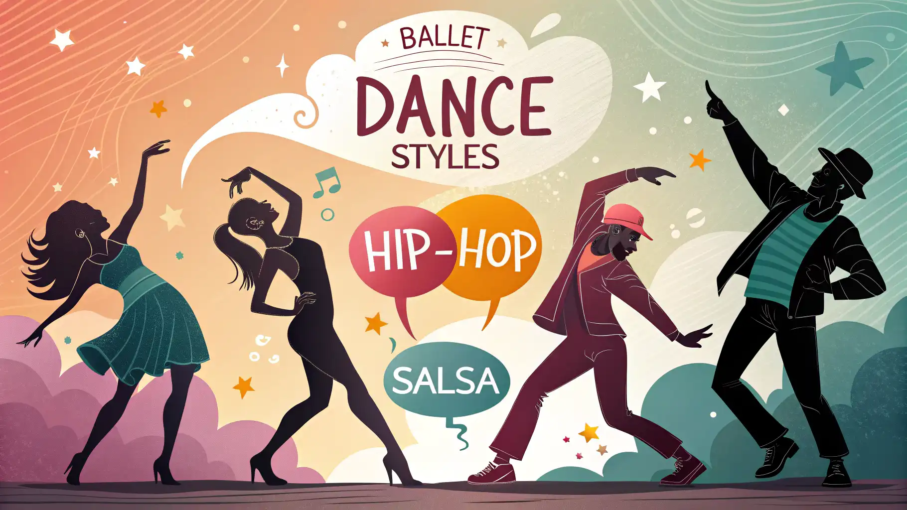 다양한 춤 스타일 실루엣과 'Dance Style?' 영어 질문이 담긴 말풍선 이미지, 춤 스타일에 대해 영어로 묻는 법 배우기 컨셉